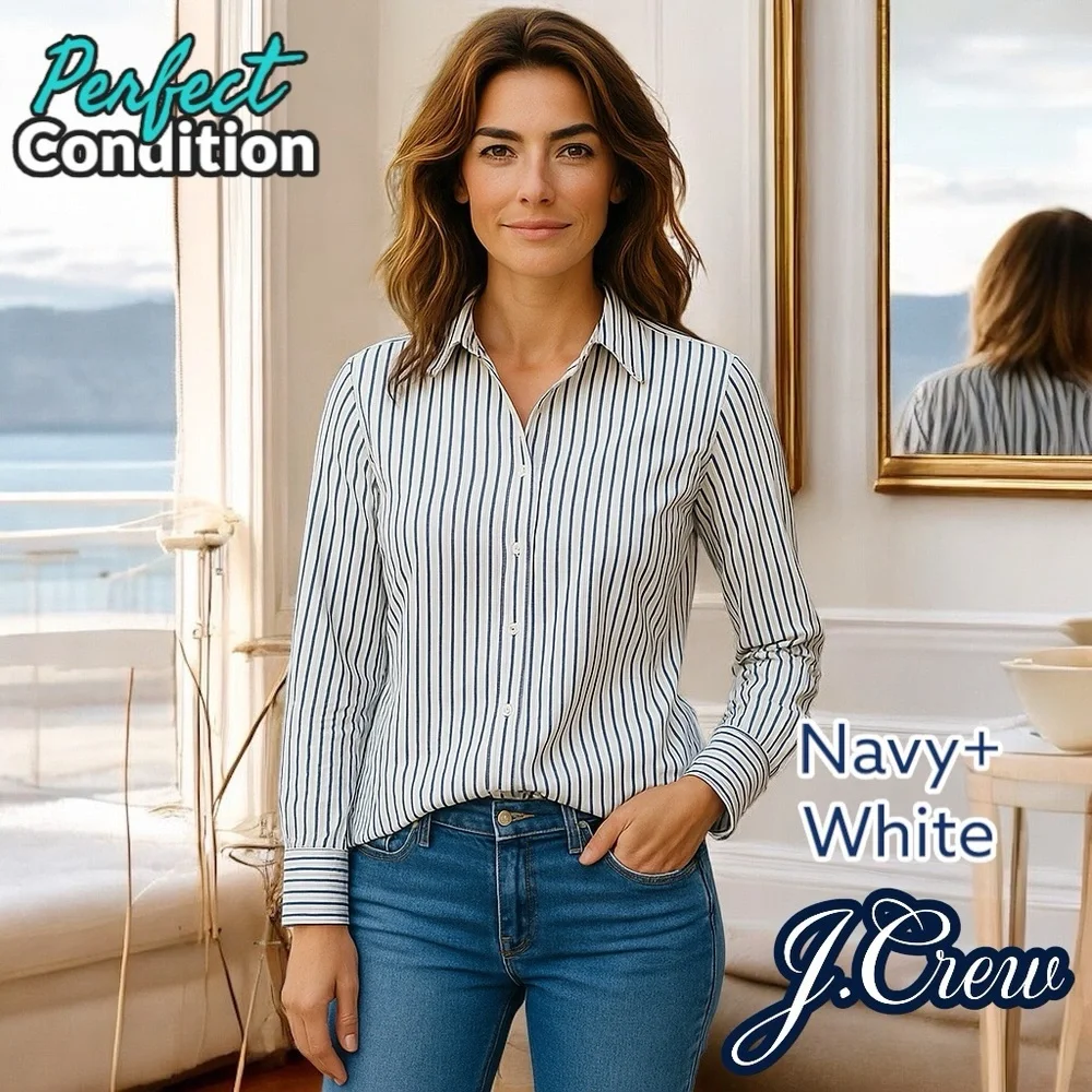 Like New 🌸 J Crew Navy and White Striped Button-Down Shirt Slim Fit, Kathryn Cut - Picture 17 of 17